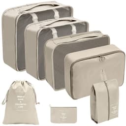 Set 7 Genti de Calatorie,, pentru Depozitare, Compresibile, 7 Dimensiuni, Impermeabile, Design cu Plasa, Pliabile, Manere Robuste, Fermoar dublu, Bej 1