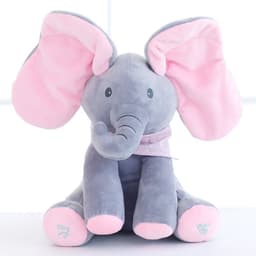 Jucarie Interactiva pentru Copii,, Elefantel Peek-a-boo, Muzica, Misca Urechile, Alimentare cu Baterii, 30 cm, Roz-Gri 2