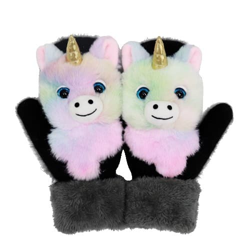 Manusi pentru Copii,, din Plus cu Umplutura de Bumbac, Protectie Termica, 24 x 20 x 3 cm, Model Unicorn 3D, Roz/Negru