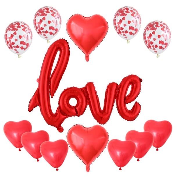Set 13 Baloane din Folie Metalizata si din Latex,, Figurine Litere si Inima, Model Love, Tema Ziua Indragostitilor, Baloane Party cu Confetti, 102x65cm, 45 cm, 30 cm, Pai Inclus, Umflare cu Aer sau Heliu, Rosu