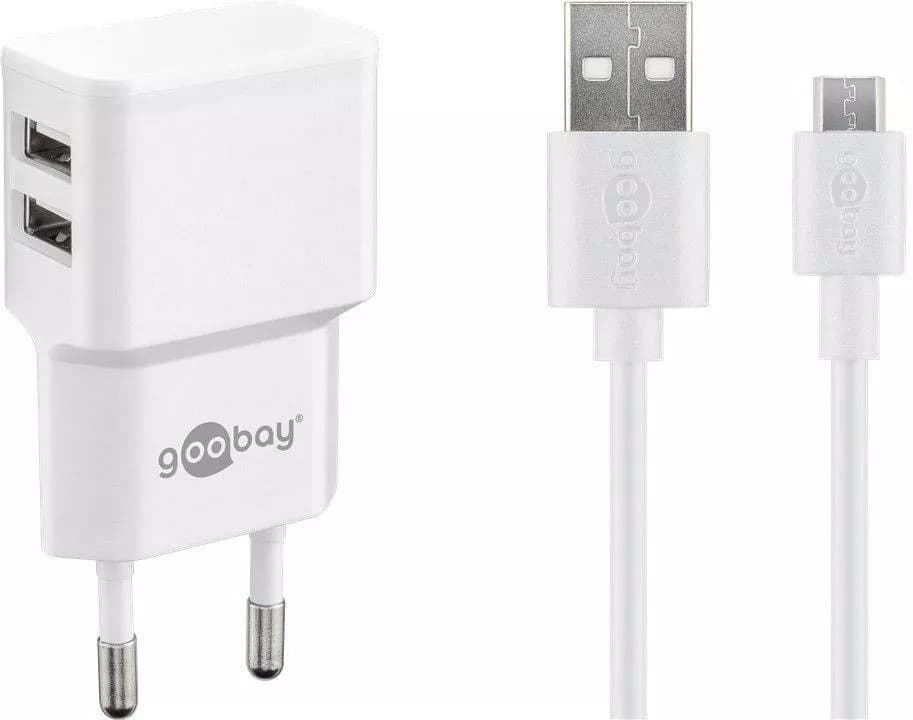 Incarcator de retea dual 2x USB cu cablu micro USB 2.4A alb Goobay