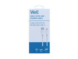 Cablu USB 2.0 A tata - USB type C 1m 3A alb Well CABLE-USB/USBC-1WE06-WL 2