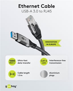 Cablu LAN Ethernet USB-A 3.0 la RJ45 1.5m CAT6 Gbit/s negru Goobay 70497 2