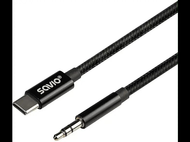Cablu USB C tata la Jack 3.5 mm tata 1m negru textil SAVIO CL-187