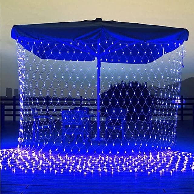 Instalatie Craciun, Tip Plasa, IP 44, 6 x 1 m, 240 LED-uri, Albastru, 8 jocuri de lumini, Transformator cu telecomanda, Interconectabila, Prelungitor 3 m inclus, Fir transparent