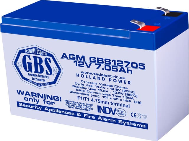 Acumulator AGM VRLA 12V 7.05Ah plumb acid pentru sisteme de securitate 151x65x95 mm F1 terminal GBS12705F1