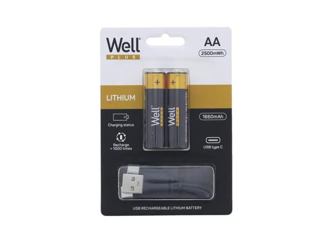 Acumulator AA R6 Li-ion 14500 1.5V 1660mAh 2500mWh cu incarcare 5V USB-C 2buc/blister Well ACCU-14500/166C-BL2-WL
