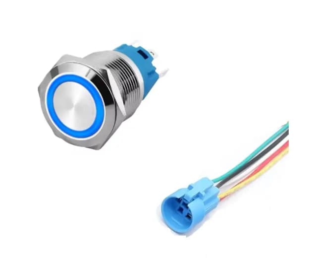 Intrerupator buton SW 4 OFF-(ON) fara retinere metal 22mm 12-24V LED albastru