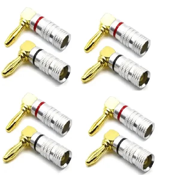 Set 8 mufe banana la 90 grade tata 4mm metal cu surub si inel negru si rosu SET-8-BANANA90/M-B+R