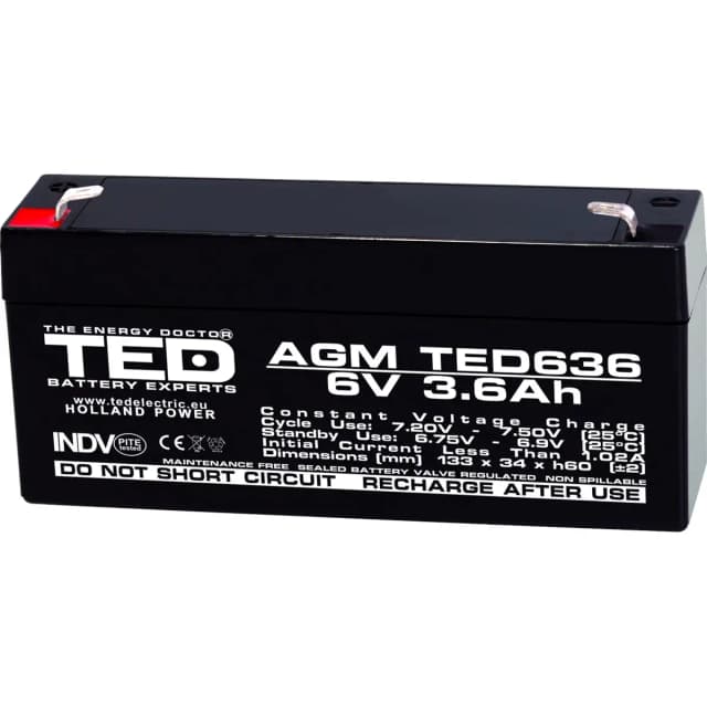 Acumulator AGM VRLA 6V 3.6A 134x34xh60mm F1 TED Battery Expert Holland TED002891